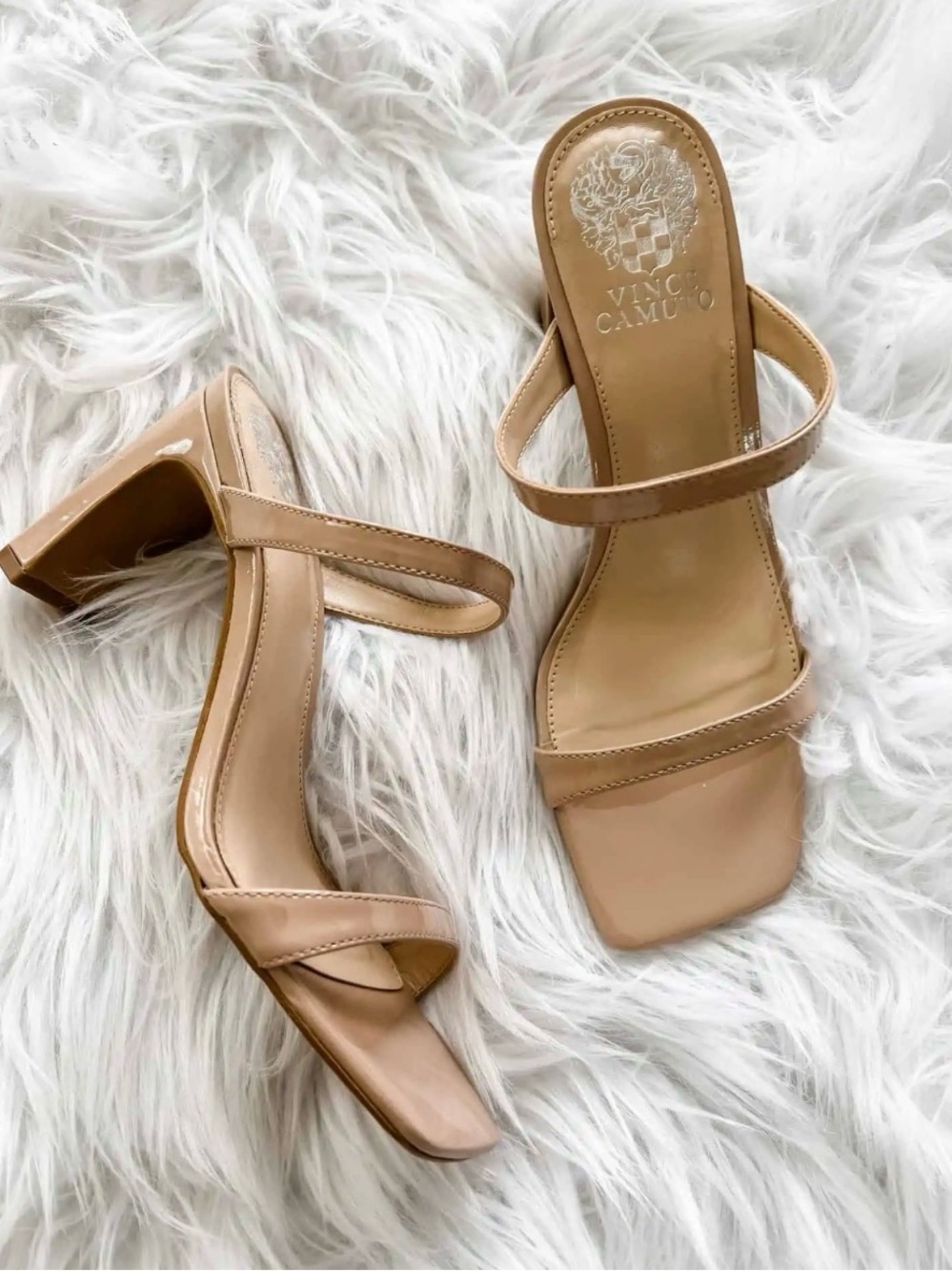 Vince Camuto Patent Leather 2 Strap Slide Heels Nude. Size 9.5. 3 1/4”